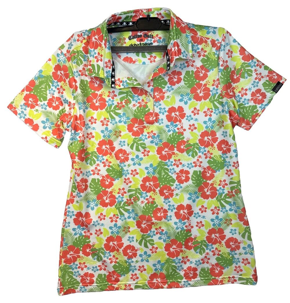 Tattoo Golf Aloha II Series Polo Shirt Medium M Tropical Floral Skull Performanc
